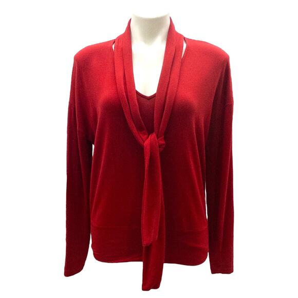 Cabi Tess Knit Top Tie V Neck Women  Firebrick Red Stretch Blouse 3804 Small - Picture 2 of 5